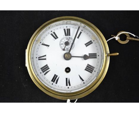 An early 20th century brass bulkhead ship's clock, 15cm enamel dial, single train chain fusee movement, subsidiary seconds di