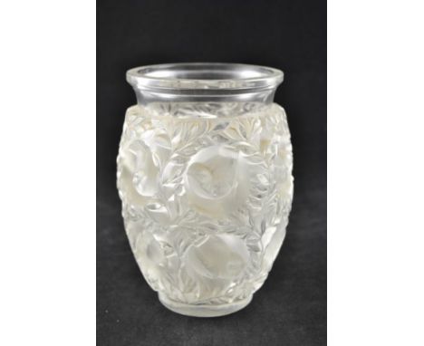 A Lalique Bagatelle style clear and frosted glass vase, mid 20th century, moulded with birds and foliage, uninscribed - H17cm