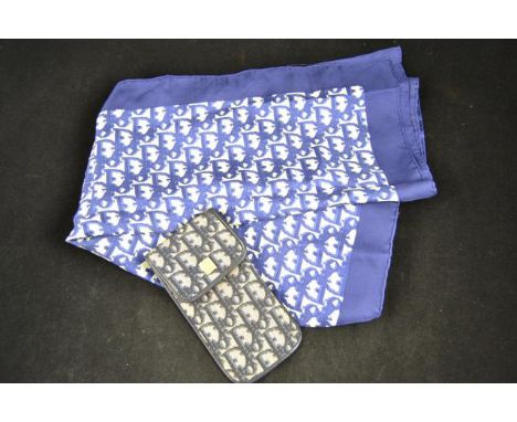 A vintage Dior monogram silk scarf in navy and white, with Christian Dior logo to bottom right corner, 75x75cm, together with