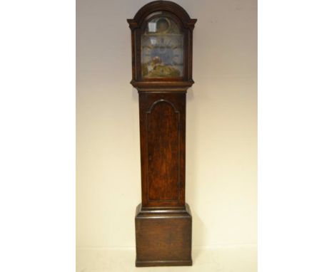 A late 18th century oak longcase clock, arched brass dial inscribed Ann Hawkins, Southtown, cherub spandrels, subsidiary seco