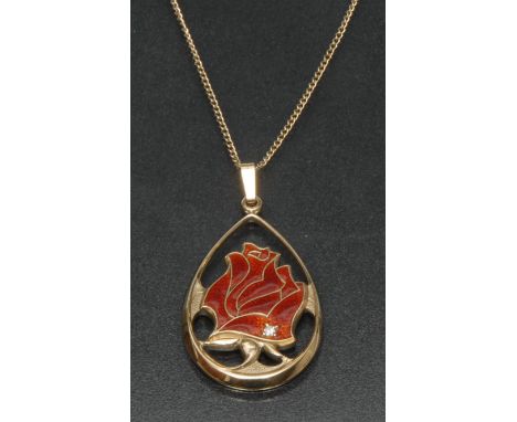 An enamelled diamond inset Year of the Rose pendant necklace, open cast red enamel rose inset with a single round brilliant c