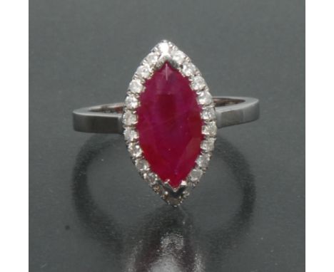 A ruby and diamond marquise ring, central vibrant red marquise ruby approx 2.22ct, surrounded by a band of twenty two round b