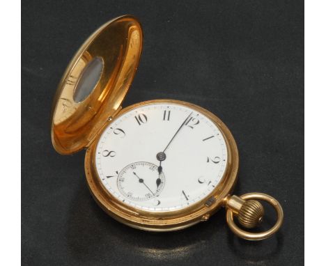 A Victorian 18ct gold cased half hunter pocket watch, David Innes, 65 Great Tower St, London, white enamel dial, Arabic numer