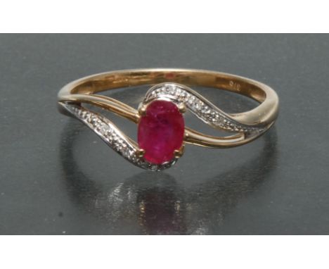 A ruby and diamond open crest dress ring, central oval ruby approx 0.46ct, open wave crest diamond accented shoulders, total 