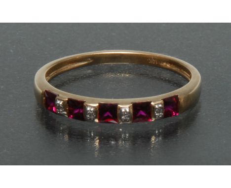 A ruby and diamond eternity ring, alternate set with five square cut deep red rubies and four round cut diamonds, total estim