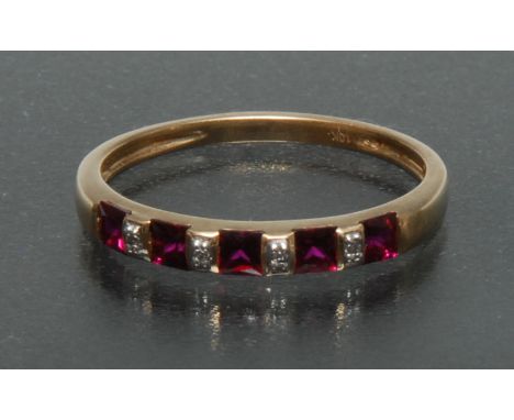 A ruby and diamond eternity ring, alternate set with five square cut deep red rubies and four round cut diamonds, total estim