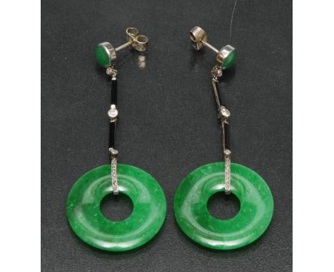 A pair of 'Cartier' style Art Deco jade, black onyx diamond and white sapphire drop earrings, green jade cabochon suspending 