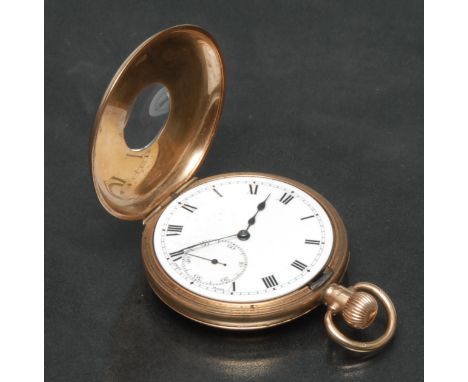 A George V 9ct gold half hunter gentleman's pocket watch, enamelled dial, bold Roman numerals, minute track, subsidiary secon