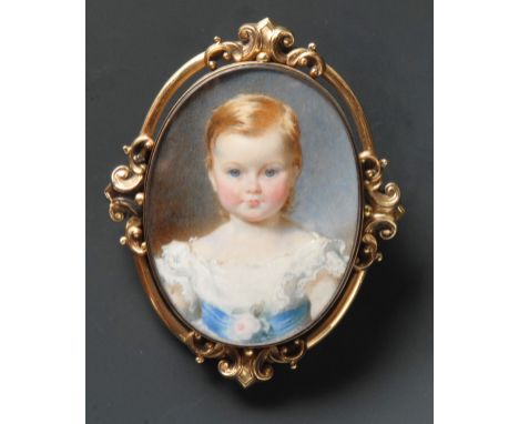A Victorian oval portrait brooch, George Anthony Swainson, as a child, bedecked in floral blue and white outfit, unsigned wat