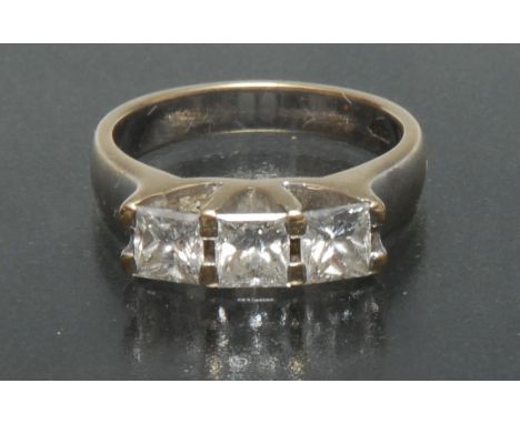 A diamond trilogy ring, linear set with three princess cut square diamonds,each approx 0.50ct, total estimated diamond weight