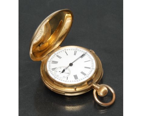 A late 19th century Swiss 18ct gold hunter cased chiming pocket watch, white enamel dial, bold Roman numerals, minute track, 