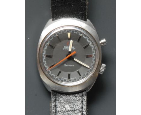Omega  - a retro 1970s Chronostop Geneve stainless steel wrist watch, two tone grey dial, baton hour markers, minute track, o