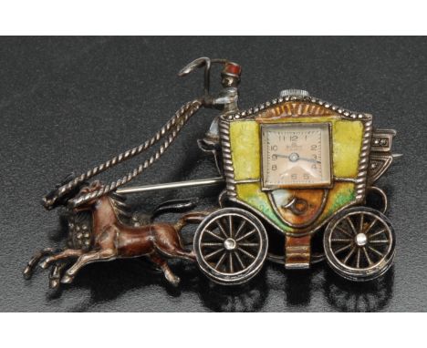 Bucherer - an unusual marcasite and enamelled silver coloured metal brooch watch, cast as a coach and horses, the coach decor