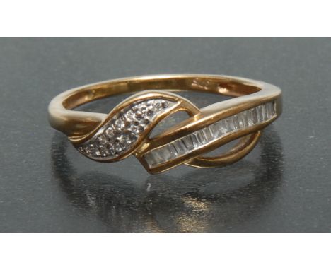 A diamond scrolling arched dress ring, inset with sixteen baguette and ten round brilliant cut diamonds, total estimated diam