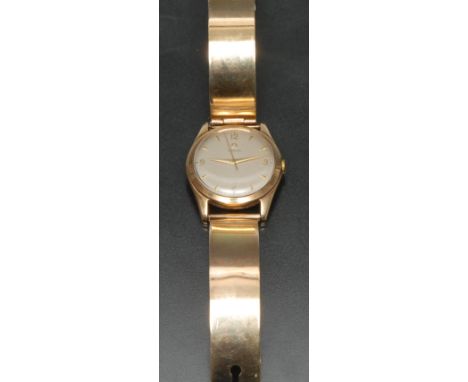 Omega - a retro 1950s gentleman's 9ct gold wristwatch, textured silver silver dial, quartered Roman numerals and Arrow baton 