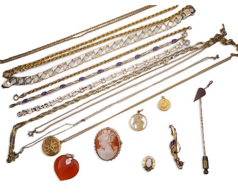 A collection of jewels, comprising: four 9ct gold chain necklaces, one suspending a diamond cluster pendant, and four bracele