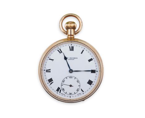 A George V 9ct gold J. W. Benson open faced keyless pocket watch, with Roman dial and subsidiary seconds, case diameter 48mm,