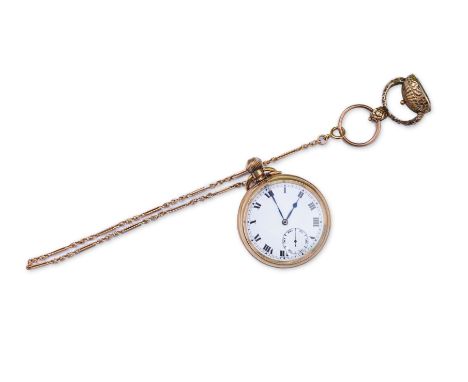 An amethyst fob seal, a gold Albert chain, and a pocket watch, the mid 19th century amethyst fob seal engraved with a coat of