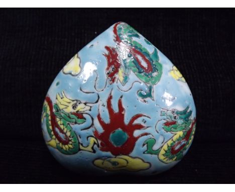 Chinese Ruyi Head Trinket or Paste Seal Box. 3 x Dragon's Chasing a Flaming Pearl, Amongst the Clouds. Blue Enamel Glaze grou