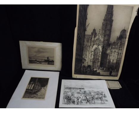 4 x 19th Century British Prints / Etching. 1. Andrew F. Affleck(Scottish 1874-1935) - Pencil etching of Arras Cathedral, Sign