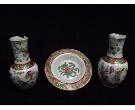 3 x Chinese 19th Century Famille Rose Wares - 2 x Miniature Vases and a small dish. Birds, Butterflies and Lotus Flowers in t