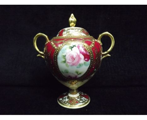 Austrian Vienna style Pot Pourri twin handle Vase and Cover. 20th century. Porcelain. Decorated with Roses in panels, Gilt an