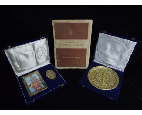 3 x Indian/Hindu Art Items. Boxed Alabaster Plate richly decorated with gilt, red and green, Metal picture frame with wooden 