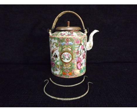 Chinese 19th Century Rose Medallion Teapot. Cartouches with Mandarin Scenes, Flowers, Birds and Buddhist Symbols. Bats, Butte