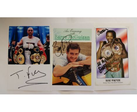 BOXING, signed photos, pieces etc., corner-mounted to larger pages, Duke McKenzie, Tyson Fury, Barry McGuigan, Herbie Hide, Y