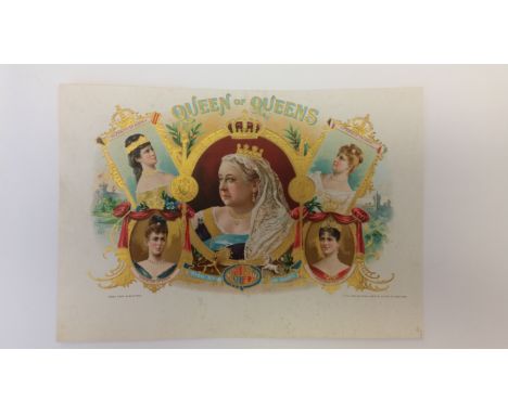 TOBACCO, crate label, Queen of Queens, showing portrait of Queen Victoria surrounded by Elizabeth of Austria, Christine of Sp