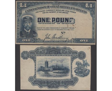 Treasury Series, John Bradbury, obverse and reverse colour die proofs for £1, ND (ca 1914), serial numbers omitted, blue and 