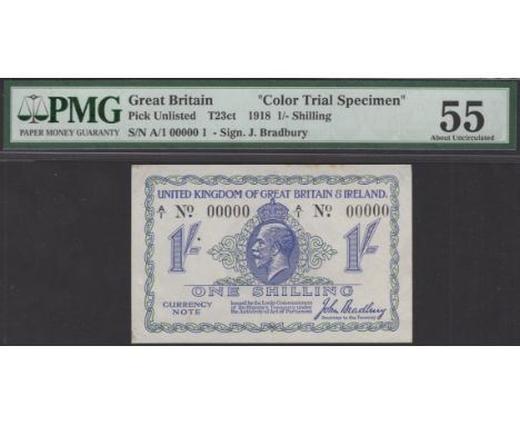 Treasury Series, John Bradbury, colour trial 1 Shilling, ND (November 1918), serial number A/1 00000, blue, green and white, 