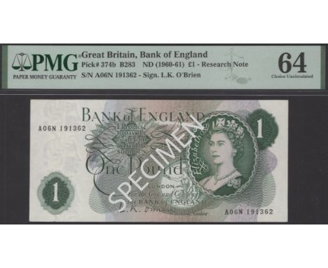 Bank of England, Leslie K. O’Brien, £1, 17 March 1960, serial number A06N 191362, in PMG holder number 64, choice uncirculate
