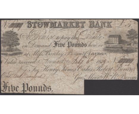 Stowmarket Bank, for Henry James Oakes, Robert Bevan, Geoe Moor & Wm R. Bevan, cancelled £5, 6 February 1839, serial number 6