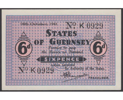 States of Guernsey, 6 Pence, 16 October 1941, serial number K 0929, one very light bend, about uncirculated to uncirculated B