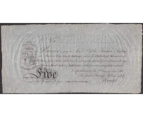 S.W.Fores No. 9, for Justice, Revenge, Millions & Self, 5 Danish Skillings, Copenhagen, 7 September 1818, promising to pay ‘M