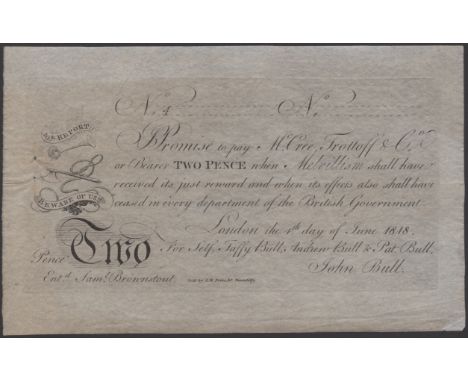 S.W.Fores No. 4, for Self, Taffy Bull, Andrew Bull & Pat Bull, 2 Pence, 4 June 1818, promising to pay ‘McCree, Trottoff & Co.