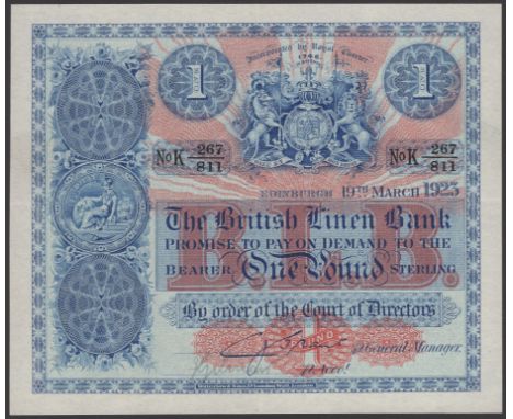 British Linen Bank, £1, 19 March 1923, serial number K 267/811, Grant signature, extremely fine, a superb original example of