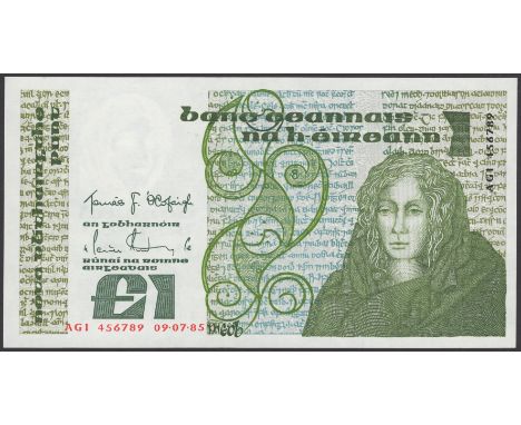 Central Bank of Ireland, £1, 9 July 1985, serial number AGI 456789, O’Cafaigh and Doyle signatures, uncirculated and a nice a