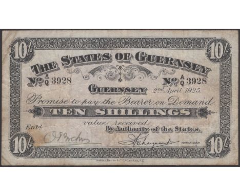 States of Guernsey, 10 Shillings, 2 April 1925, serial number A/Q 3928, manuscript O.P.Breton signature at low left, printed 