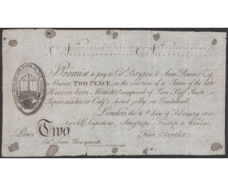 A Skit Note sold by Luffman, at 377 Strand, London, for Self, Lapstone, Staytape, Tossup & Winem, 2 Pence, 6 February 1806, p