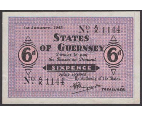 States of Guernsey, 6 Pence, 1 January 1943, serial number A/K 1144, original extremely fine BNYB GU 24c, Pick 28 £80-£100