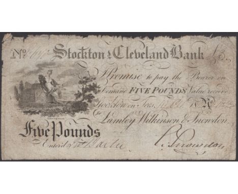 Stockton & Cleveland Bank, for Lumley, Wilkinson & Snowdon, £5, 19 October 1812, serial number C670(?), Snowdon signature, ve