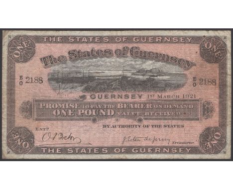 States of Guernsey, £1, 1 March 1921, serial number E/O 2188, printed signature of de Jersey at right, manuscript signature a