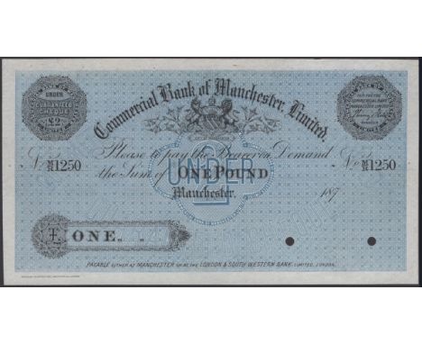 Commercial Bank of Manchester Limited, proof £1, 187-, serial number M/R 1250, two cancellation holes, about uncirculated and