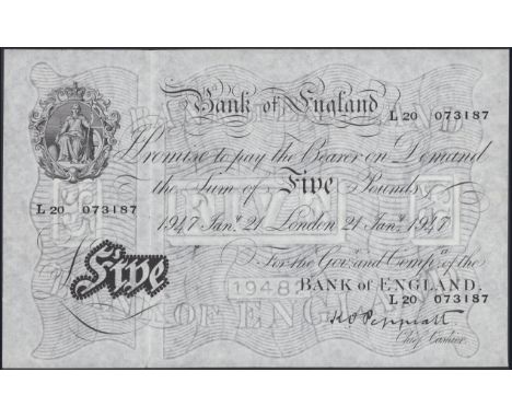 Bank of England, Kenneth O. Peppiatt, £5, 21 January 1947, serial number L20 073187, pressed, thin patch at centre, no visibl