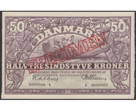 Danmarks Nationalbank, specimen 50 Kroner, 1948, serial number K 0000000, Halberg signature low left, red SPECIMEN overprint,