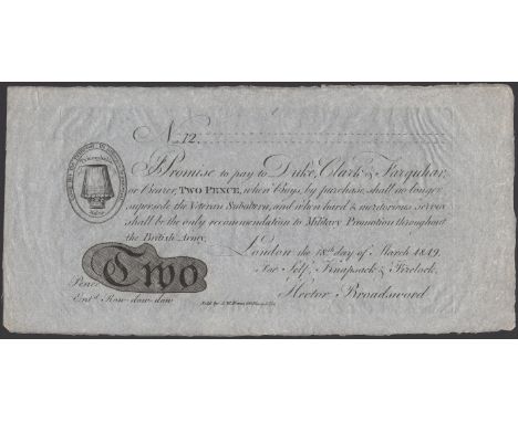 S.W.Fores No. 12, for Self, Knapsack & Firelock, 2 Pence, 18 March 1819, promising to pay ‘Duke, Clark’s, Farquhar, or Bearer