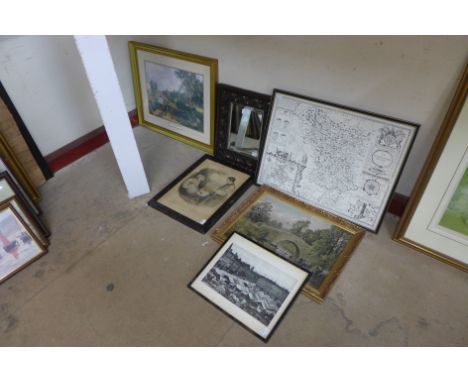 A reproduction John Speed map of Darbieshire, two prints, oil painting and a carved oak mirror