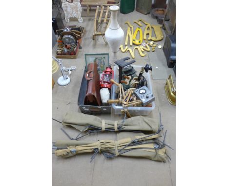 Two boxes of assorted items, including camping beds, lamps, metalware, tools, etc.